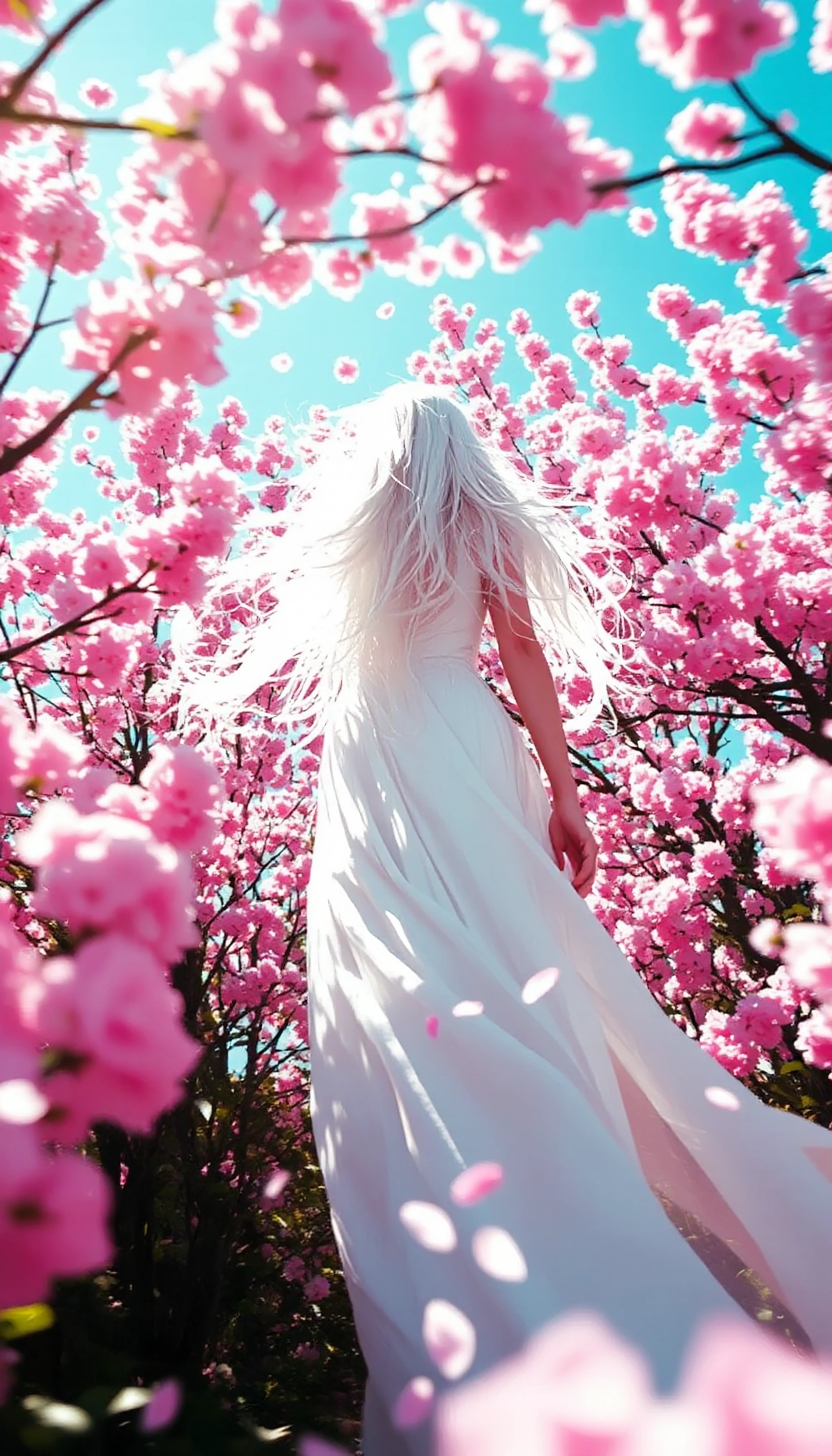 A dreamlike, ethereal shot, taken from a low angle, of a celestial fallen angel dark gothic with luminous white hair, standing in a magnificent pink cherry blossom garden in full bloom. She wears a flowing, semi-transparent white silk dress that blen