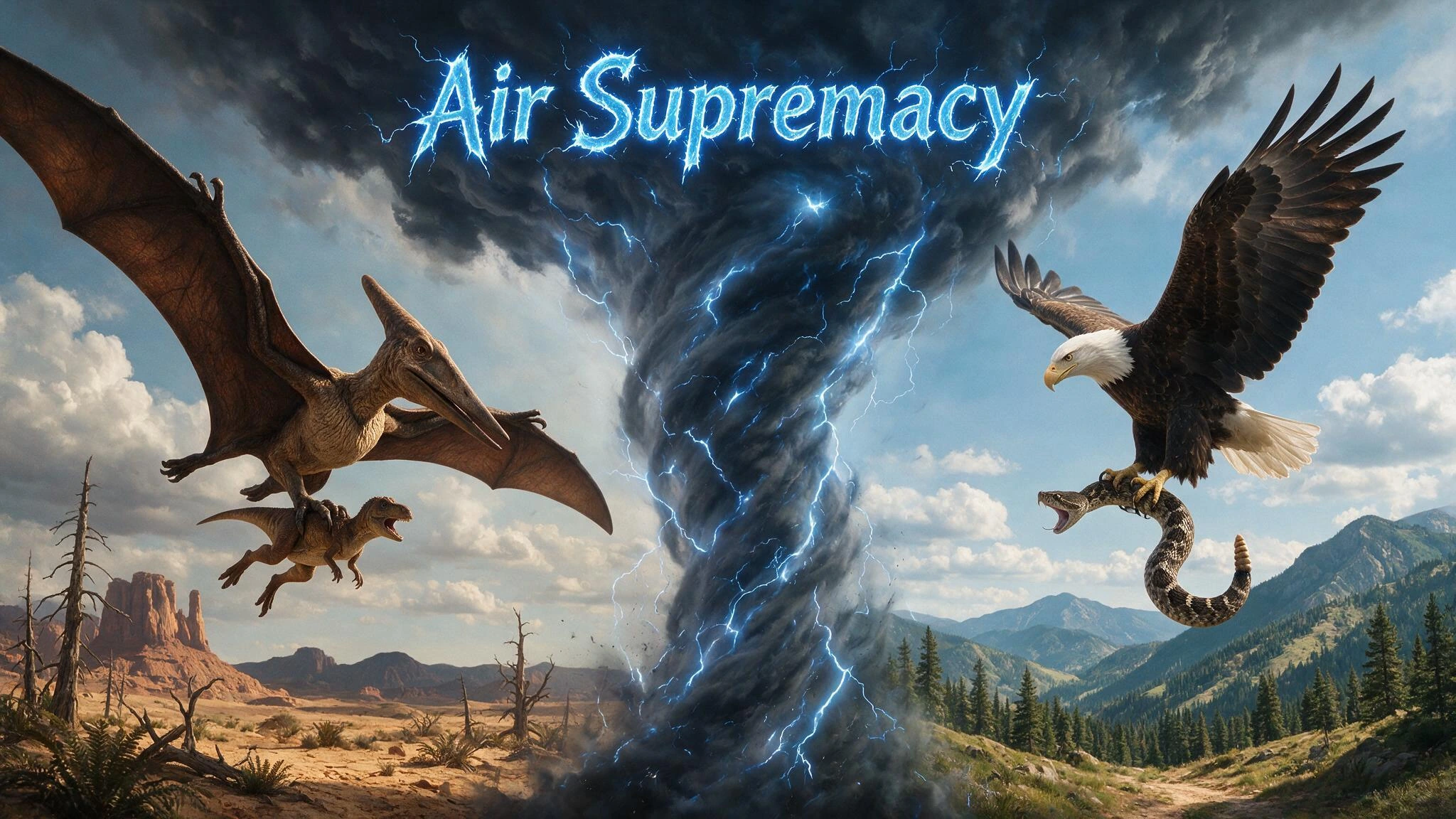 A split-panel composition divided by a narrow diagonal storm vortex swirling with azure lightning: On one side a Pterosaur plucks a small two legged dinosaur from the ground in it's talons. On the other side a Bald eagle snatches a rattlesnake. The T