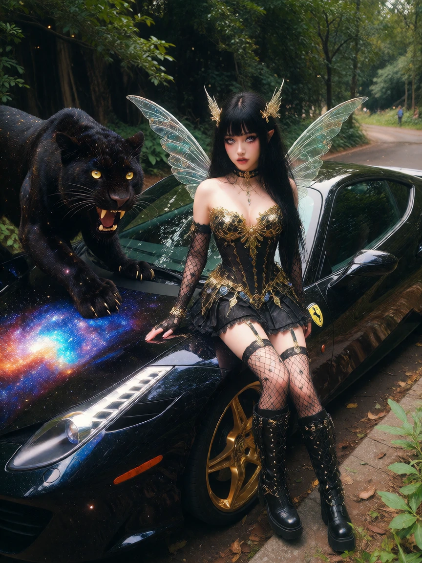 Goth fairy black hair with her panther beside a galaxy Ferrari