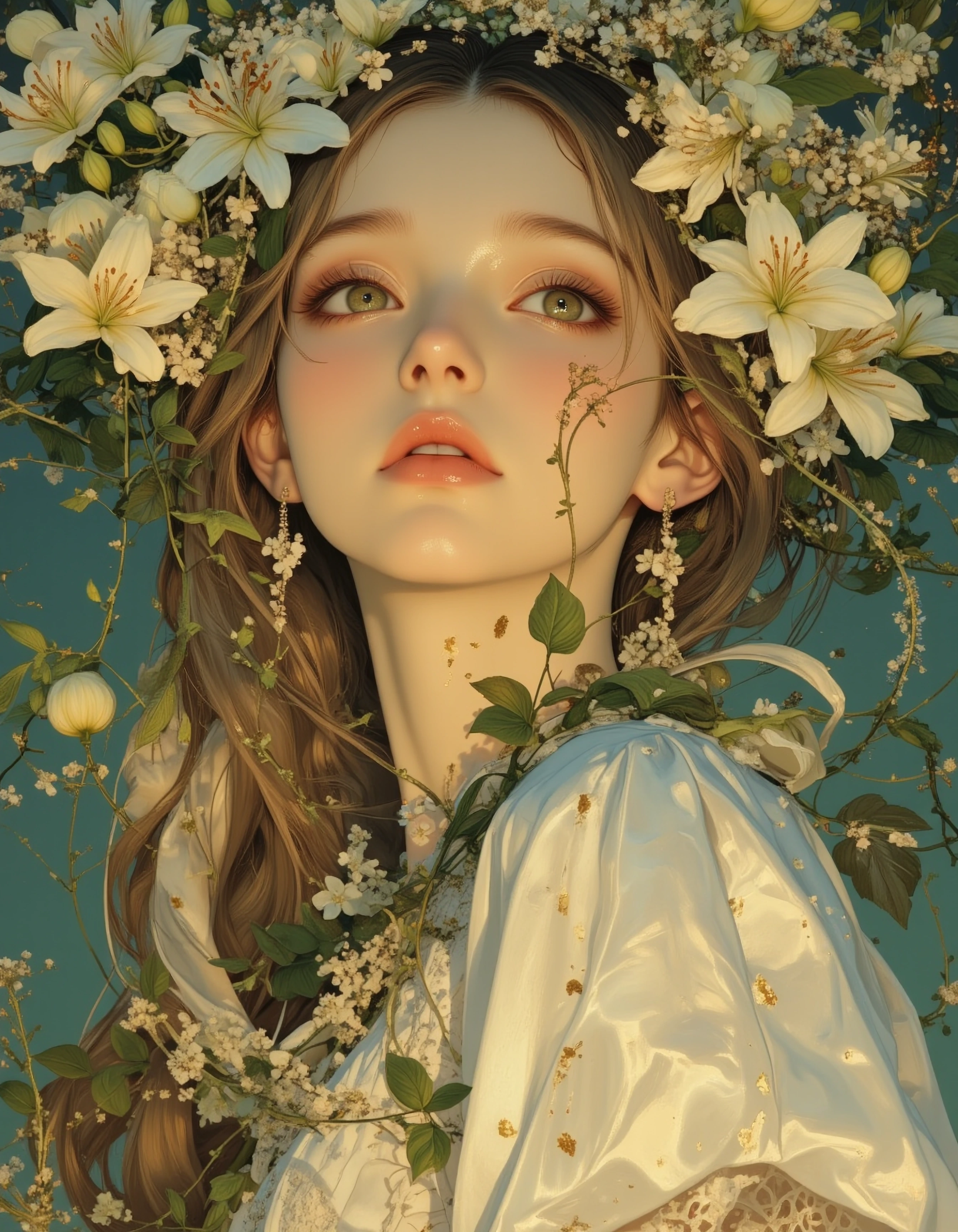 Fairy Tale Illustration style half-body portrait soft, luminous young girl in pure Loish magic, stunning 24 year old, with that signature big-eyed wonder and silky curves. Weaving in art nouveau—delicate tendrils of ivy curling around her like a livi