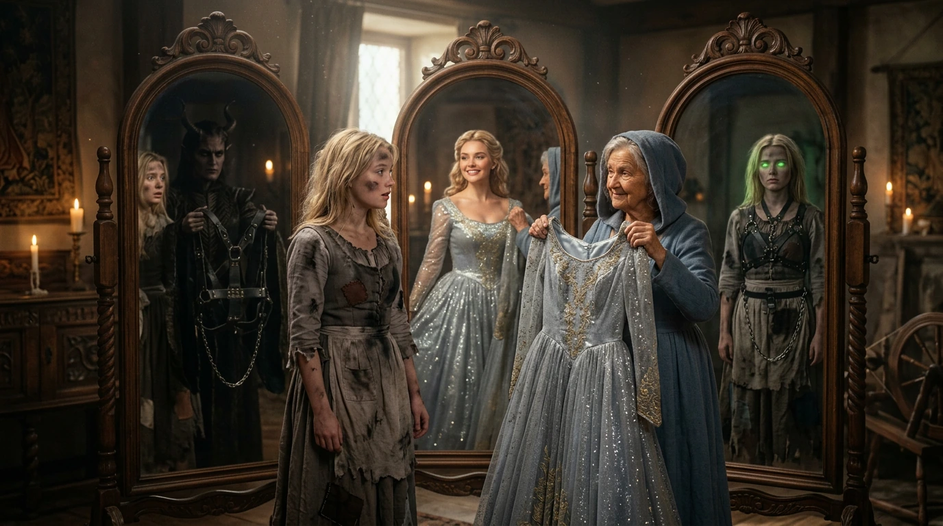 In the Foreground: A Shabbily dressed blonde bombshell Cinderella stood in front of a set of 3 full length mirrors, the kindly fairy godmother is holding a dress of shinning magnificence in front of her. Mirror 1: The mirror directly in front of Cind