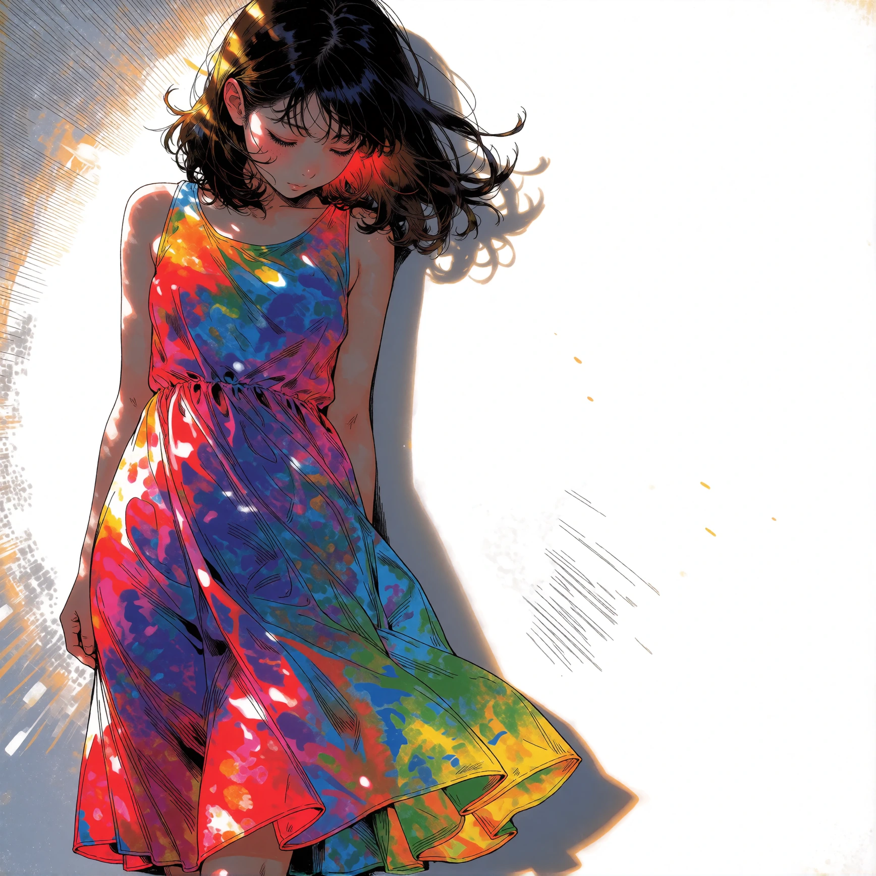 A single young woman standing against a stark white wall,wearing a flowing dress. Modern digital illustration with expressive fluid linework and layered color application,blending contemporary anime aesthetics with handdrawn texture emulation. Highly