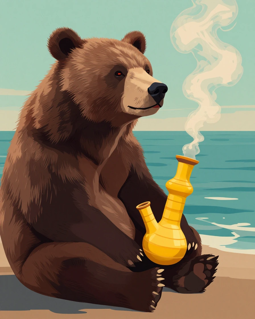 A bear smoking a honey pot shapped bong exhals deeply as he dreams of an ocean he never saw