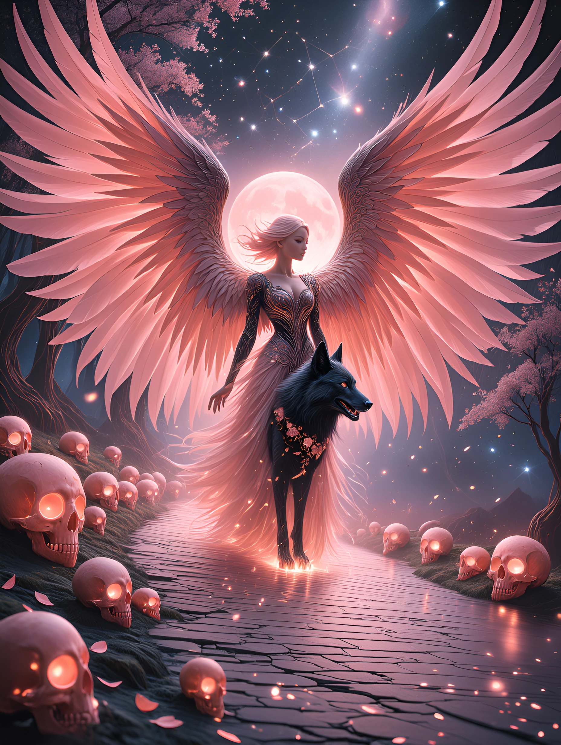 Ultra-photorealistic, cinematic fantasy scene of a “Pink Full Moon Energy” goddess set in an enchanted landscape under a massive dusty pink full moon. The moon glows with soft ethereal haze, surrounded by vivid constellations, shimmering stars, and d