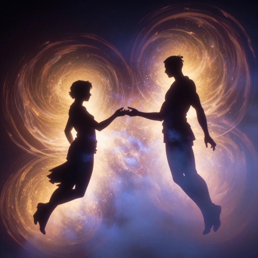 two silhouetted figures meeting in an ethereal space suspended between worlds, golden and violet lig…