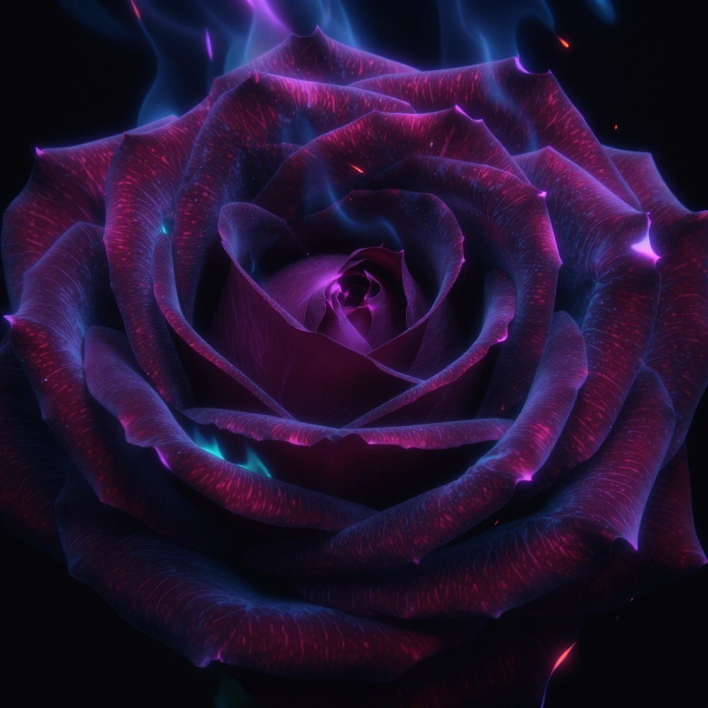 extreme close-up of a deep crimson rose, petals razor-sharp and delicate, engulfed in ethereal black…