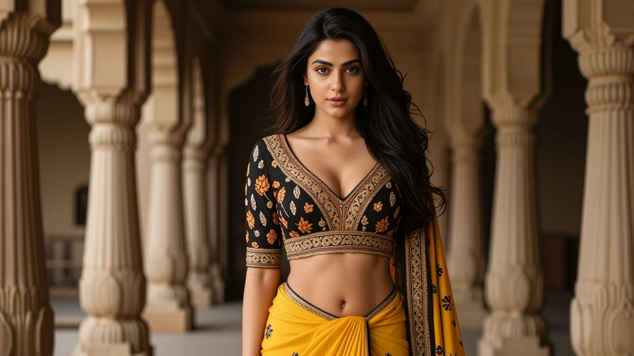 A beautiful young Indian woman with smooth fair skin, long silky black hair, and soft feminine facial features, standing confidently in a luxurious pa