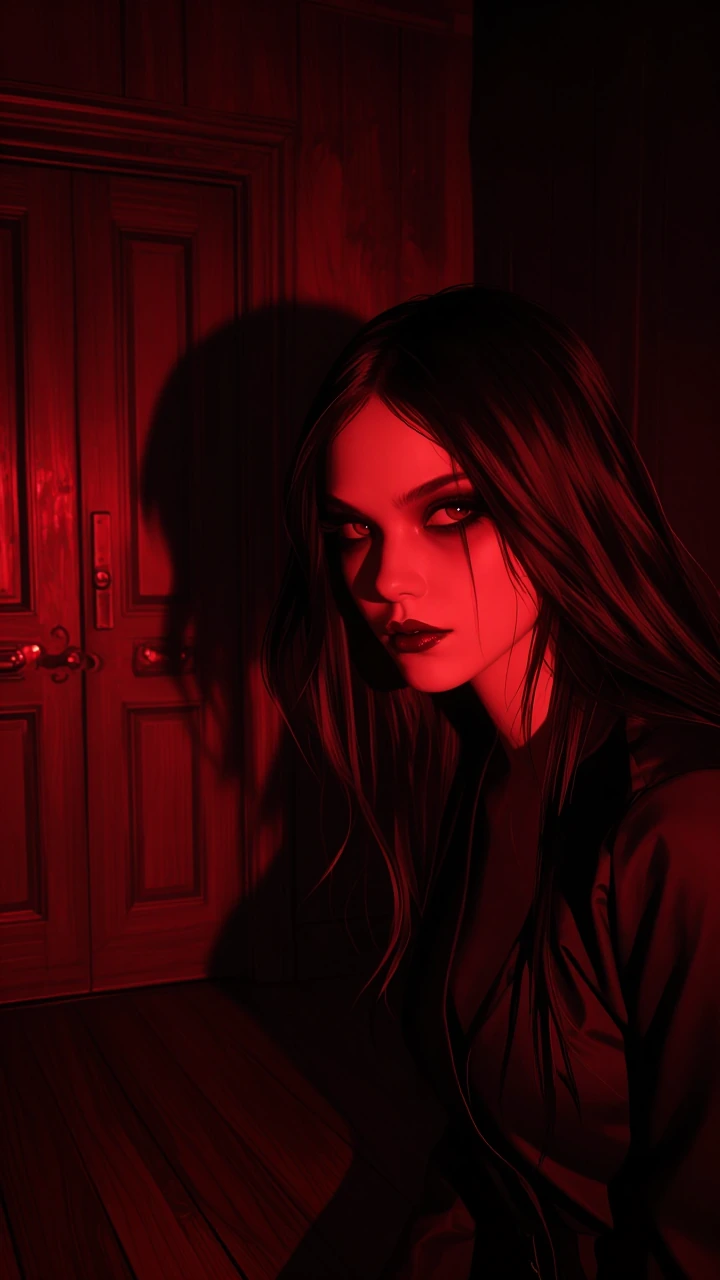 Gothic horror cinematic photograph of the model in a dark room illuminated by an intense monochromatic red light. Dark and dramatic makeup on eyes and lips, defiant gaze. In the background, a classic wooden door on the left casts a shadow. Dark woode