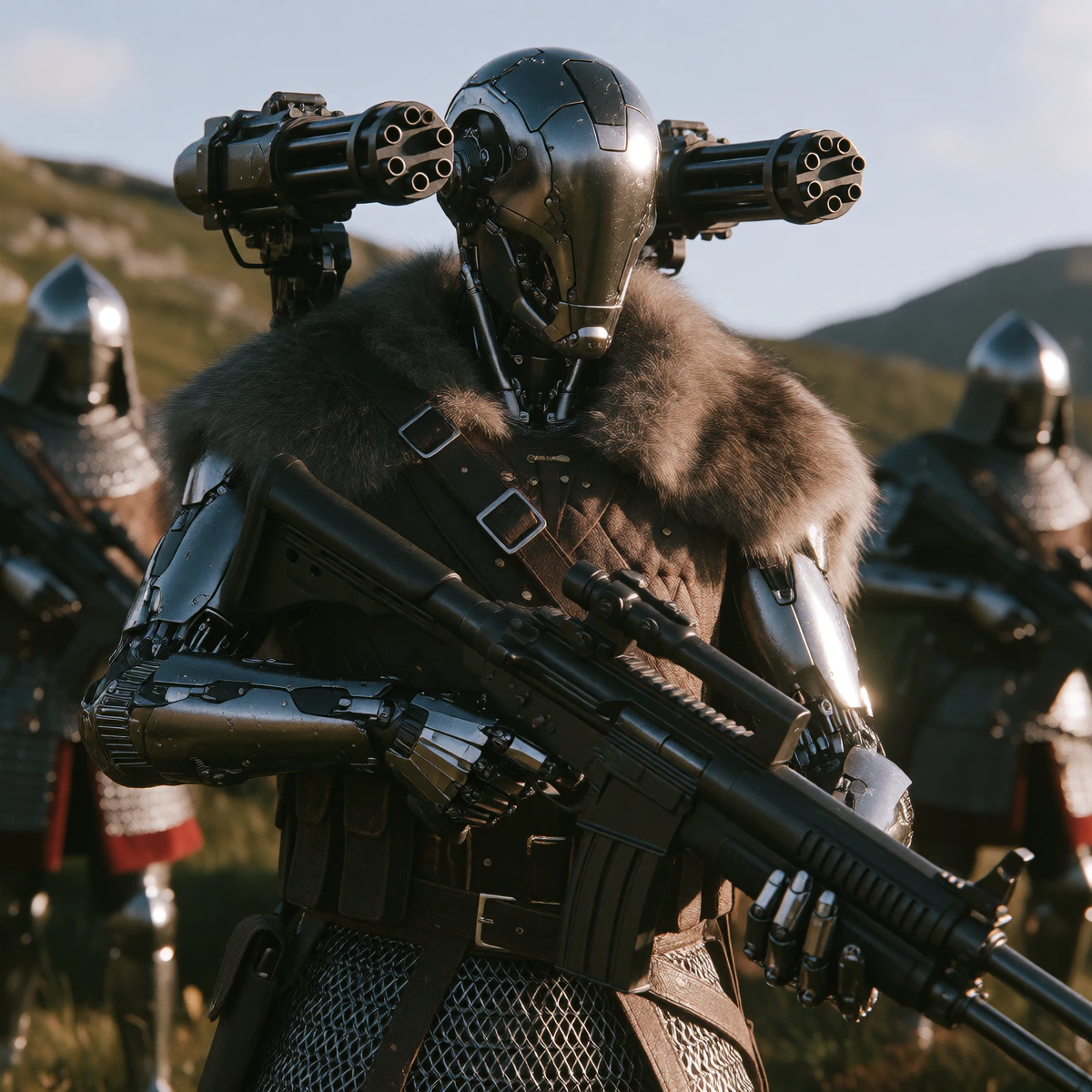 Photorealistic Sleek Cyborg soldier sent back in time to medieval Britain. Plasma rifle and revolving shoulder mounted gatling laser cannon