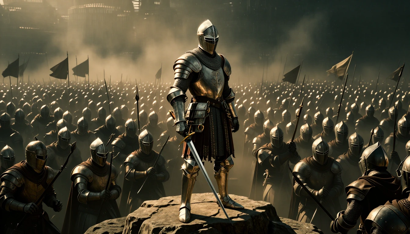 Knight Templar Champion wielding a bastard sword stands upon a rocky plinth addressing his order as they prepare to charge into battle with a horde of heretics!