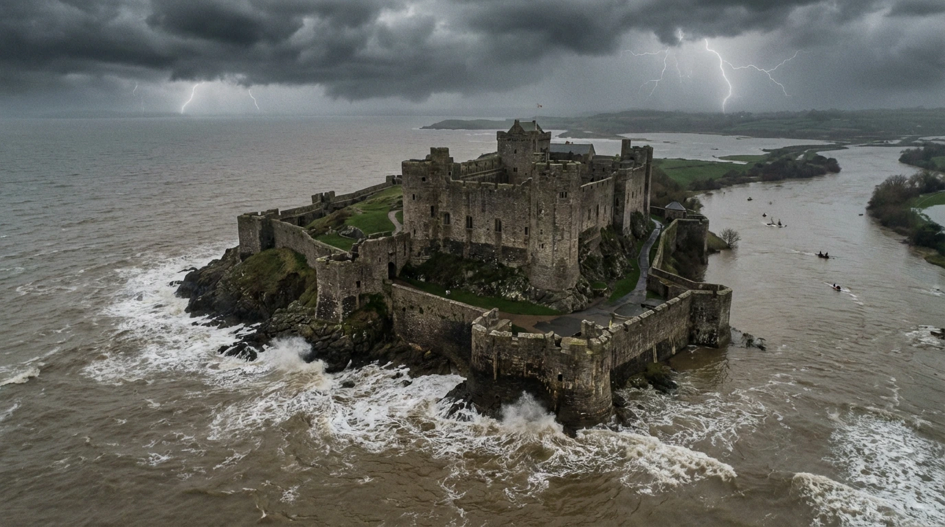 Aerial shot of a mighty castle slowly succumbing to flood water during a storm of Apocalyptic power!