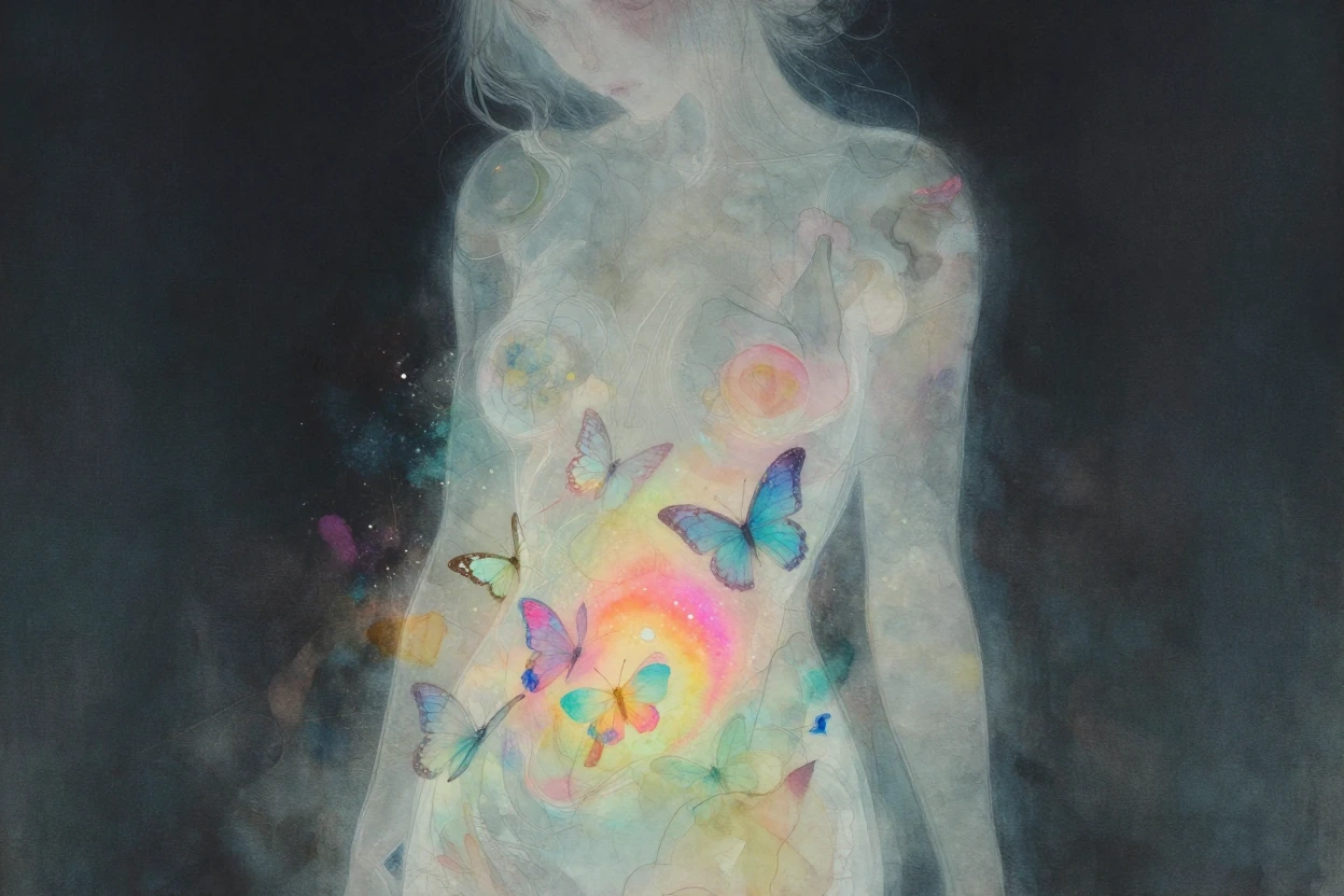 female body translucent, , ethereal, with butterflys swirling in stomach, matte canvas texture, painted, realism