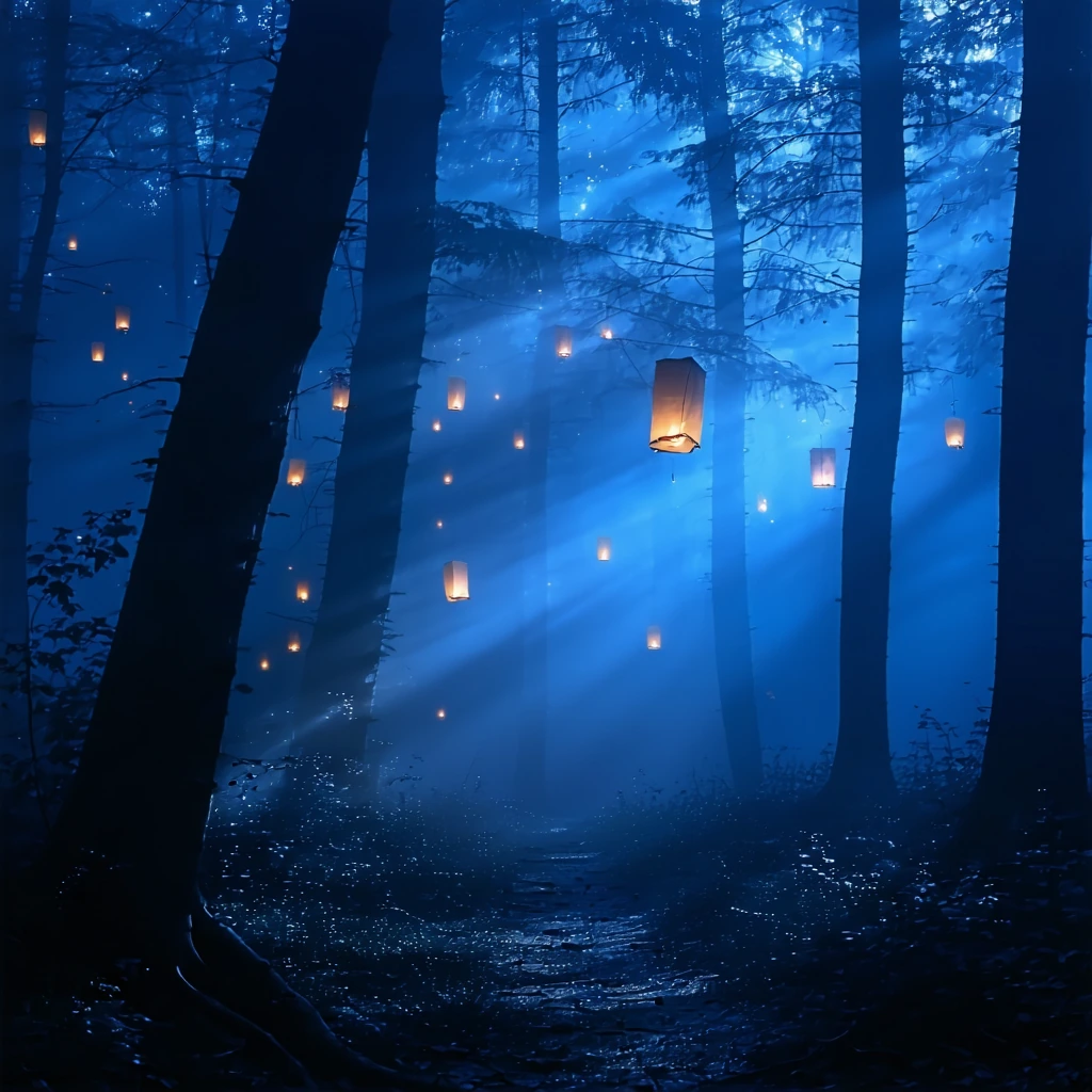 moody atmospheric dreamscape with floating lanterns in misty forest