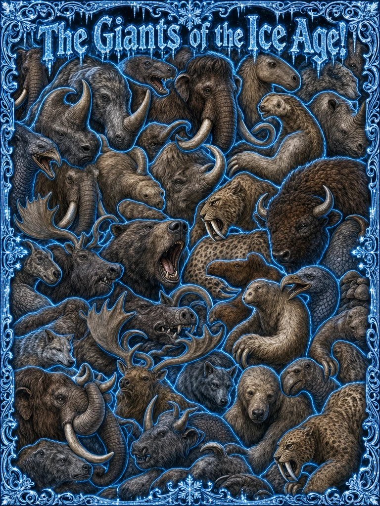 Surreal Seamless image of the Giants of the Ice Age; The entire image should be made up of Giant Animals from before the last Ice Age all intwined in a manner that leaves no gaps between the animals. Each animal should be outlined in a shimmering Azu