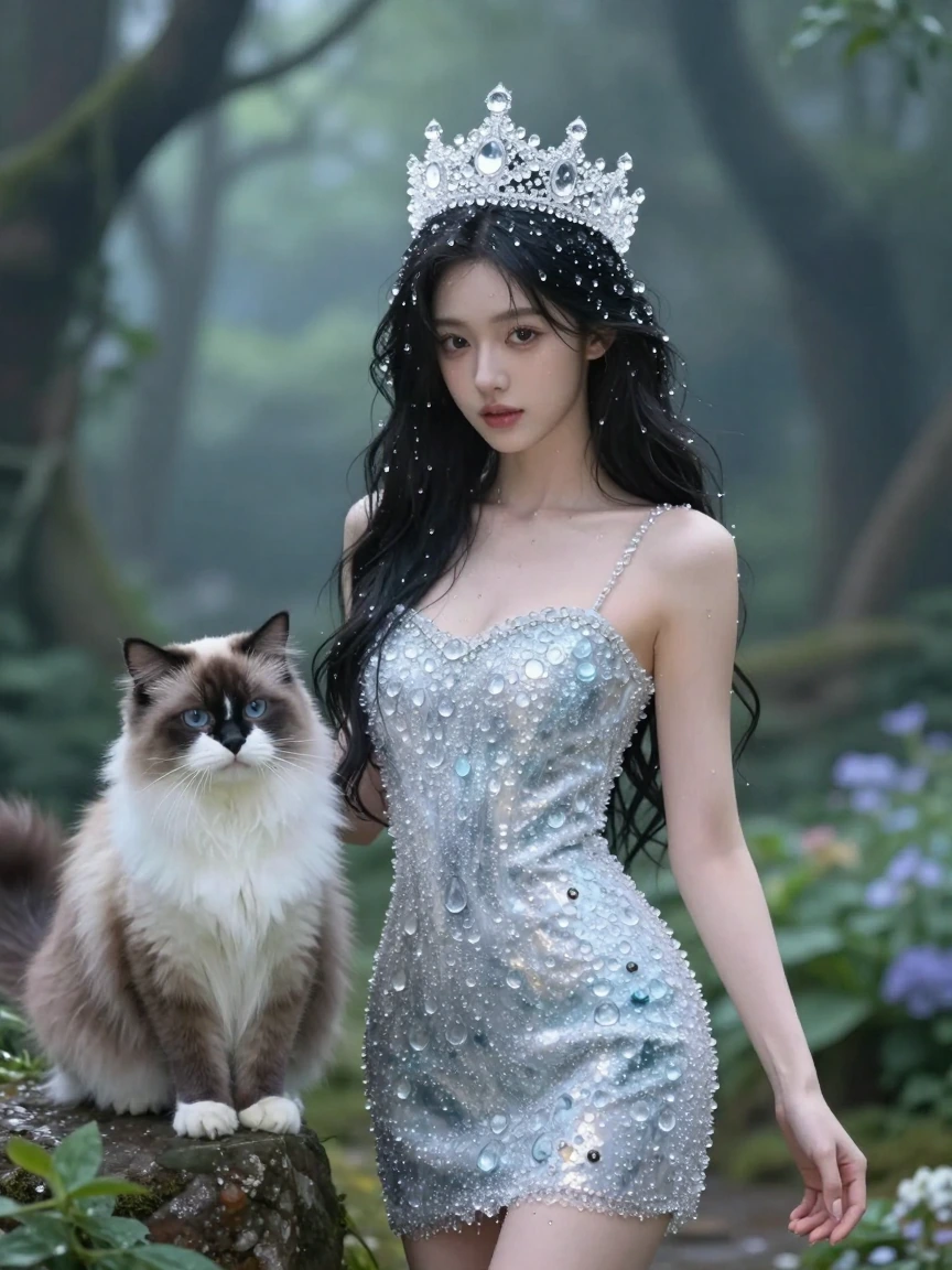woman, crown made completely of water droplets , cat nearby, mini dress, fantasy background