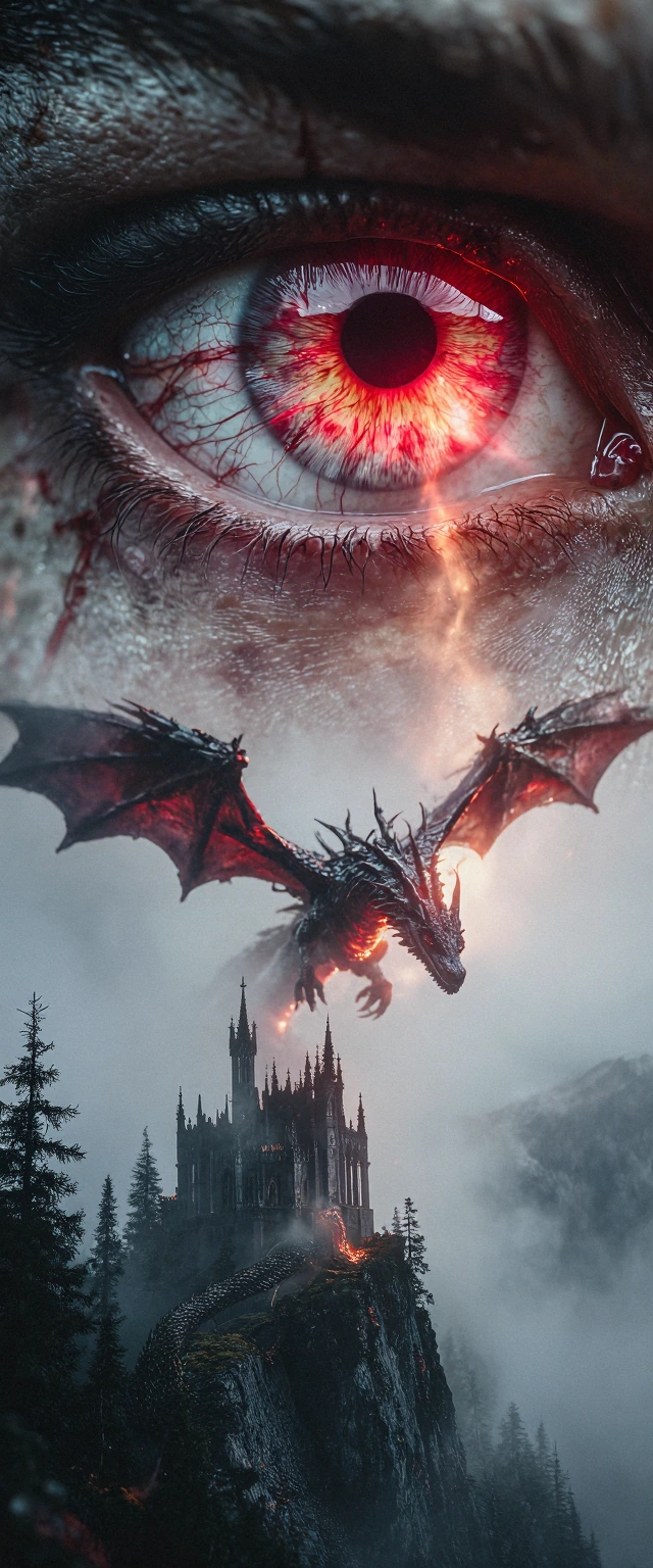Capture an extreme close-up of a giant menacing human eye dominating the frame, its glowing crimson iris burning with supernatural intensity, intricate blood vessels threading across the sclera like cracked porcelain, every pore and weathered skin te