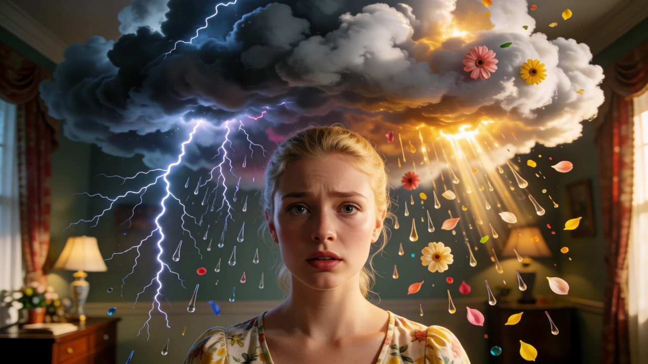 Hyper-stylized surreal keyframe in David LaChapelle's theatrical mode: a young woman with pulled-back blonde hair and fair skin—her face caught mid-emotional whiplash, brows furrowed and eyes wide—stands as a massive storm cloud above her violently r
