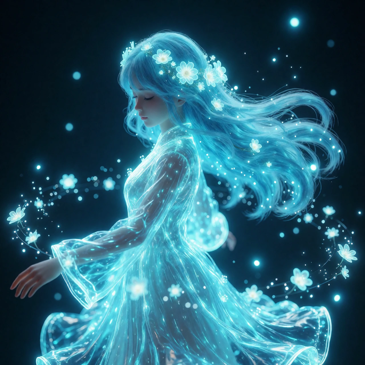A luminescent figure with flowing cyan hair adorned with glowing flowers rotates slowly, ethereal light particles swirling around her. Camera orbits gracefully while her bioluminescent outfit pulses with electric blue energy. Soft bloom effects inten
