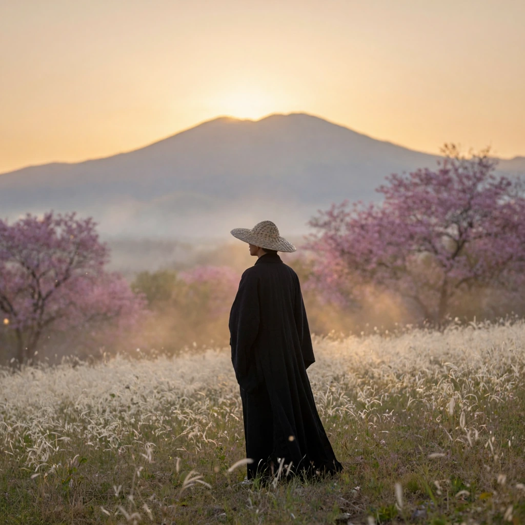 A quiet lone wanderer wearing a flowing dark robe and a woven straw hat stands peacefully in a field of glowing white grass and soft pink blossoms. Warm golden dawn light spreads gently across the horizon, while a majestic mountain rises in the dista