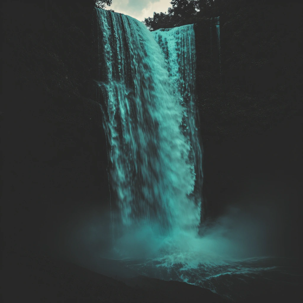 Bright Teal with its best complimenting colors in a waterfall most of the image is darker but the water is bright like daytime color
