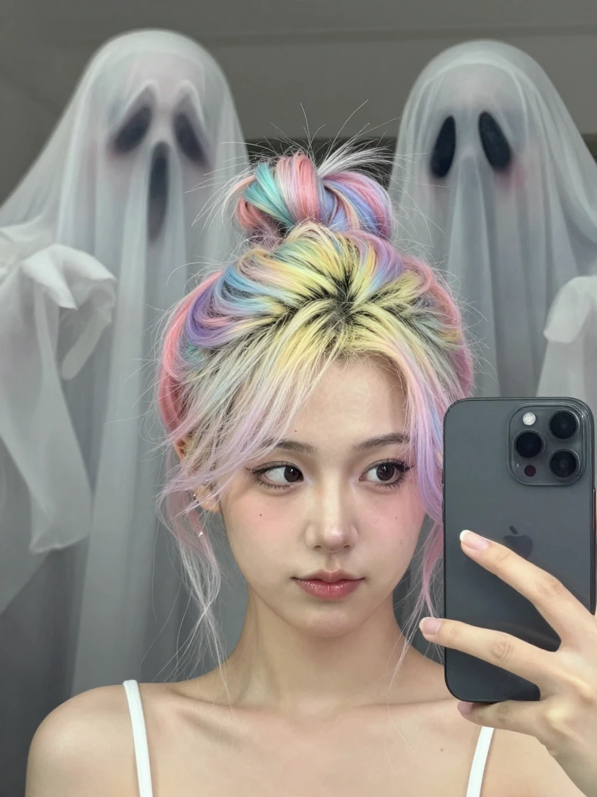 Crazy girlfriend pastel messy bun hair, taking a selfie and getting photo bombed by a scary translucent ghost that she doesnβt even notice, but it is very close-up behind her. Scary scene! So scary it makes you not want to look at it.π