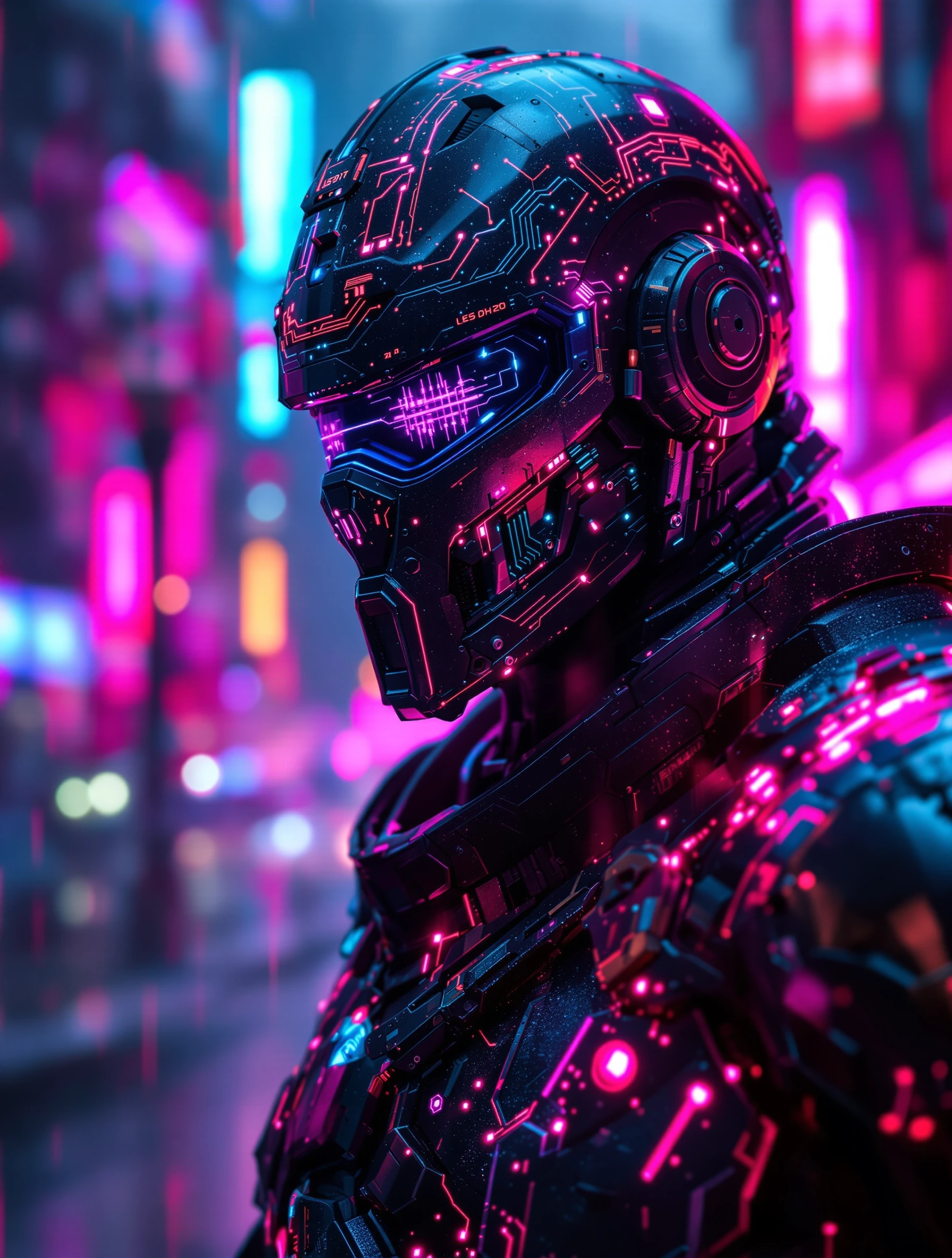 Cosmic surreal masculine Gothic fantasy knight, armor with digital infusion featuring glowing circuits, data streams and nodes, helmet with advanced telemetry optics, vivid color palette, 8k resolution, highly dynamic composition, cinematic lighting