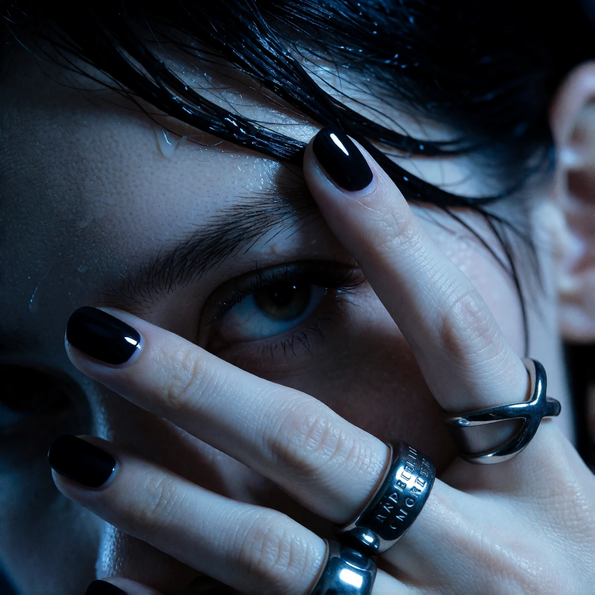analog image, film grain, saturated color, low contrast long shadows, artistic framing, almost cinematic feel, An extreme macro close-up captures a goth woman striking face partially veiled behind a hand, creating an intensely intimate, voyeuristic p