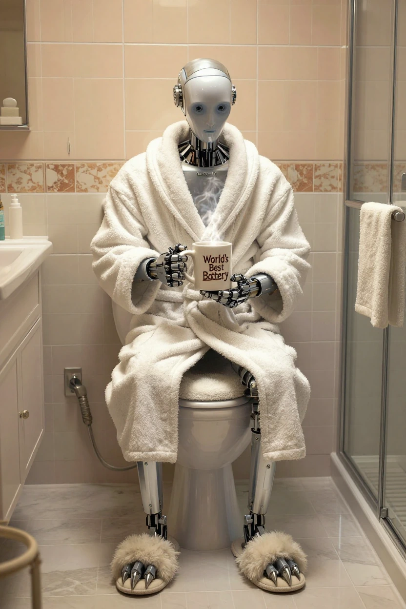 ​A cinematic, wide-angle shot of a cozy, high-end bathroom featuring soft pastel tiling and warm ambient lighting. A sleek, high-tech robot is perched comfortably on a plush-covered toilet seat, appearing remarkably relaxed. The robot is wearing an o
