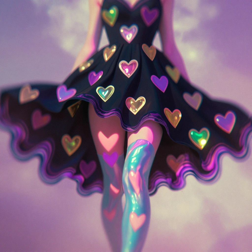 woman in black dress with heart print leggings, ethereal supernatural color palette, chromatic aberration rippling across fabric edges, iridescent hea