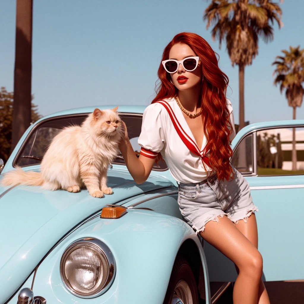 A stylish woman in retro sunglasses leaning against a powder-blue 1960s Volkswagen Beetle, stroking a cream-colored Persian cat sitting on the hood, palm trees and blue sky behind them, Kodachrome color palette, dreamy soft focus