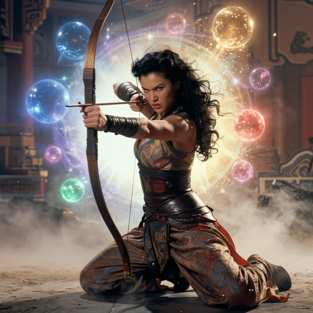 A fierce warrior woman kneeling in dynamic battle stance, drawing a taut bow with an arrow nocked, intense angry expression, piercing eyes filled with determination, wearing fitted eastern silks and leather armor, intricate embroidered details, fabri