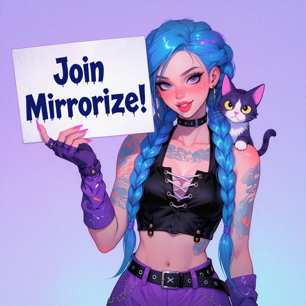 A photorealistic, 90s retro tech aesthetic digital illustration of a young woman with vibrant electric blue hair styled in two long, thick braids that