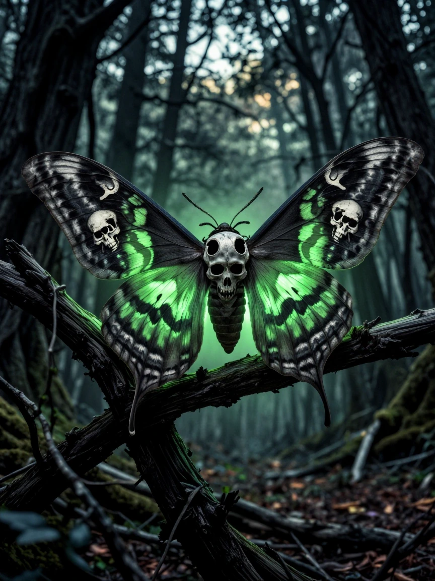 A massive moth with a human skull pattern naturally marked across its wings in bone-white against charcoal, wings spread wide in a cathedral-like pose, backlit by sickly green bioluminescence that casts the skull in sharp relief, perched on a gnarled