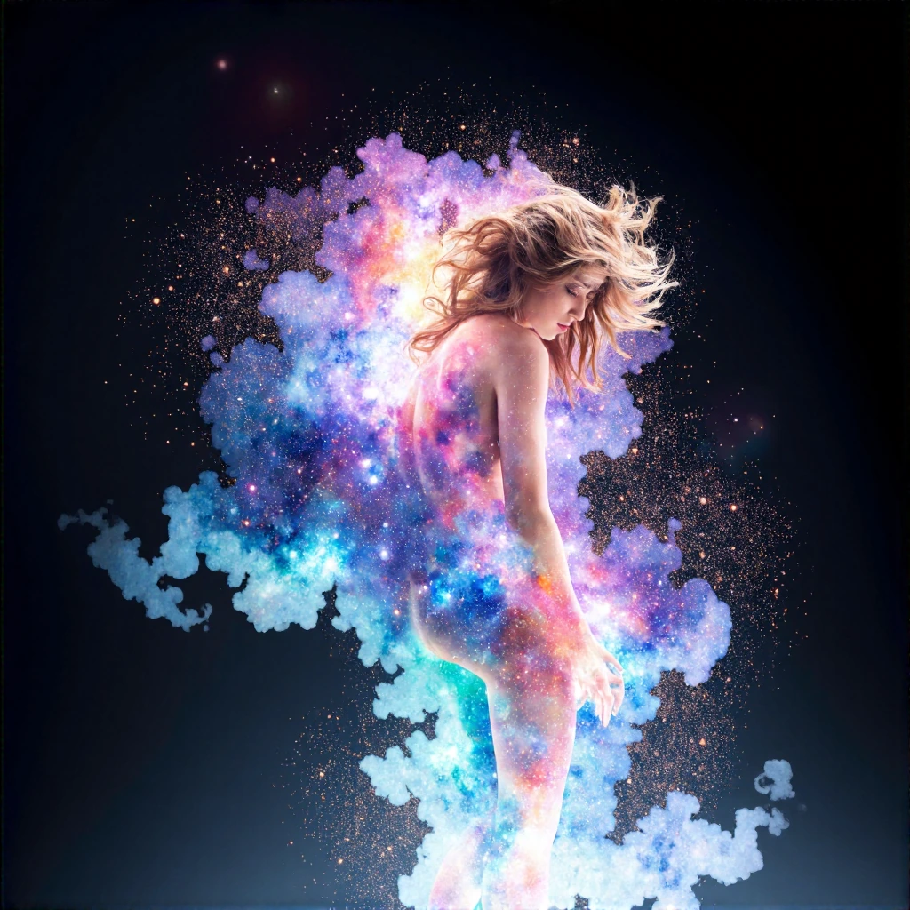 An ethereal figure dissolving into swirling watercolor galaxies and cosmic dust, shimmer with iridescent light. Background is futuristic and irrelevant