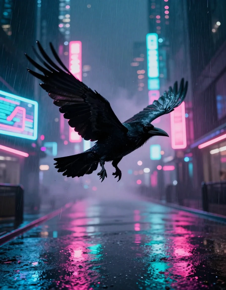 A majestic raven flying through a rain-soaked cyberpunk city at night, neon signs reflecting in puddles, volumetric fog, dramatic rim lighting, cinema
