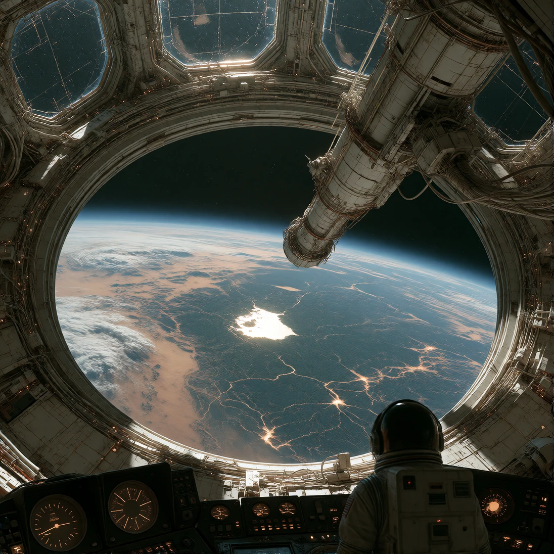 an observatory pointed at the ground; A massive rotating observatory structure tethered to a space station, its primary telescope array pointed downward at Earth—scarred surface visible below with rust-coloured dust storms, geometric scars of weapons