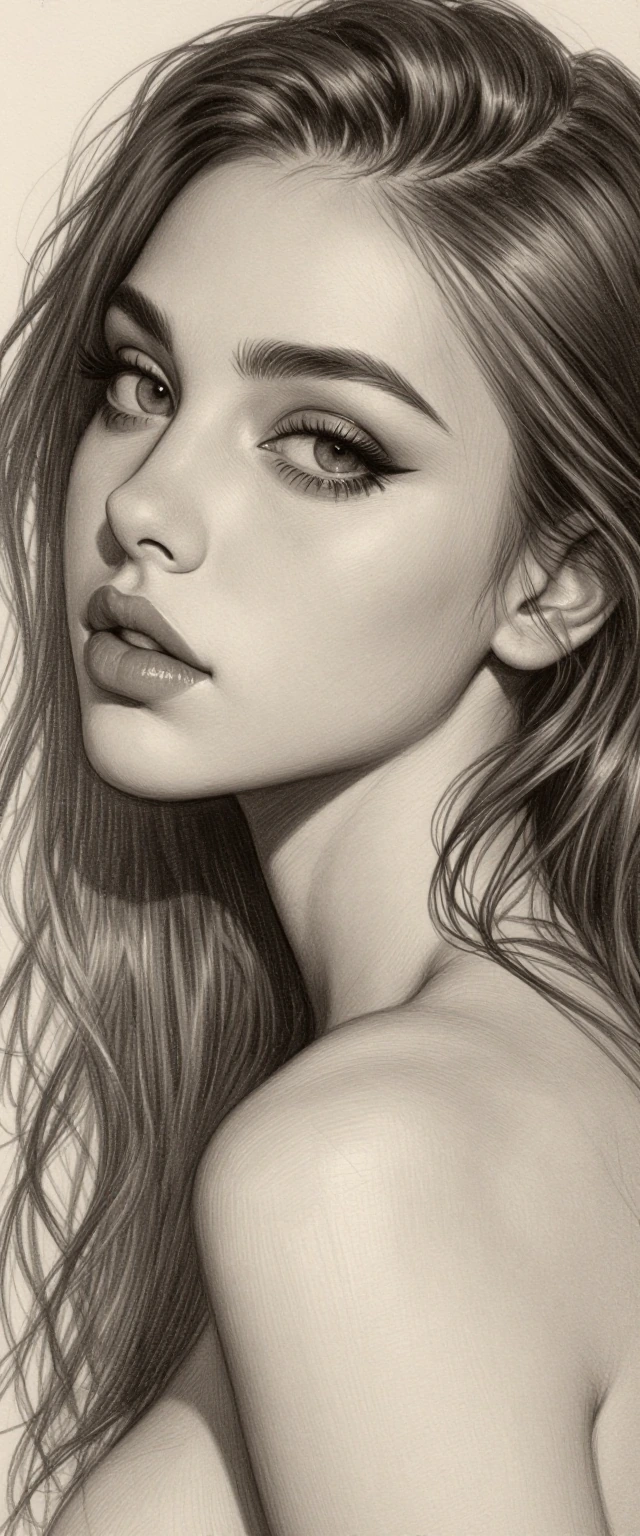 Awe-inspiring, hyper-realistic incomplete pencil sketch of a beautiful woman, striking side profile portrait. The artwork is a masterpiece of partial completion: her face emerges organically from raw, textured art paper with intricate, macro-detailed