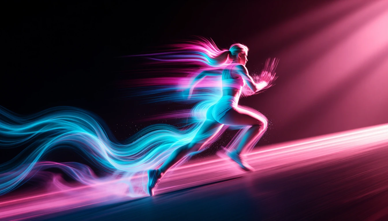 Fast-moving blonde woman running at full sprint captured with rear curtain sync flash technique, dynamic motion blur streaking horizontally across frame, kinetic energy trails in electric neon blue and magenta bleeding together, high-speed sports pho