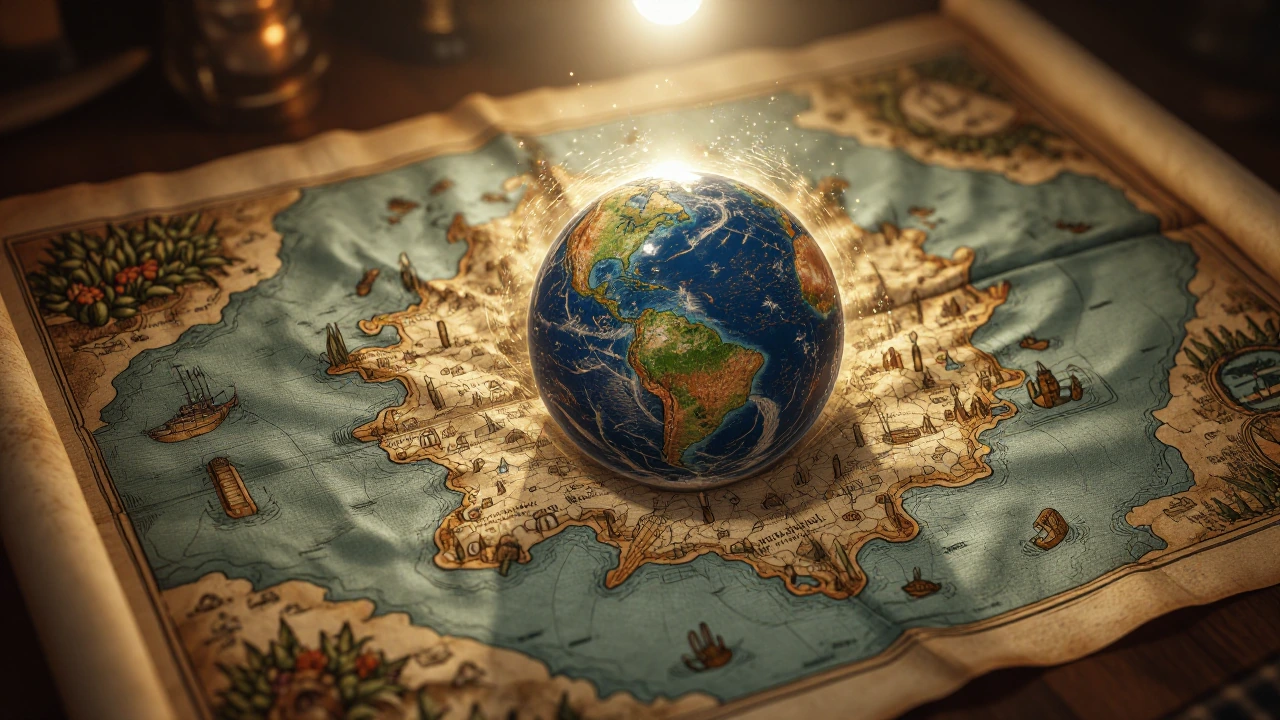 A weathered parchment map leading to the Hollow Earth of Legend, in the centre of the map a light glows as if a candle is behind the map.