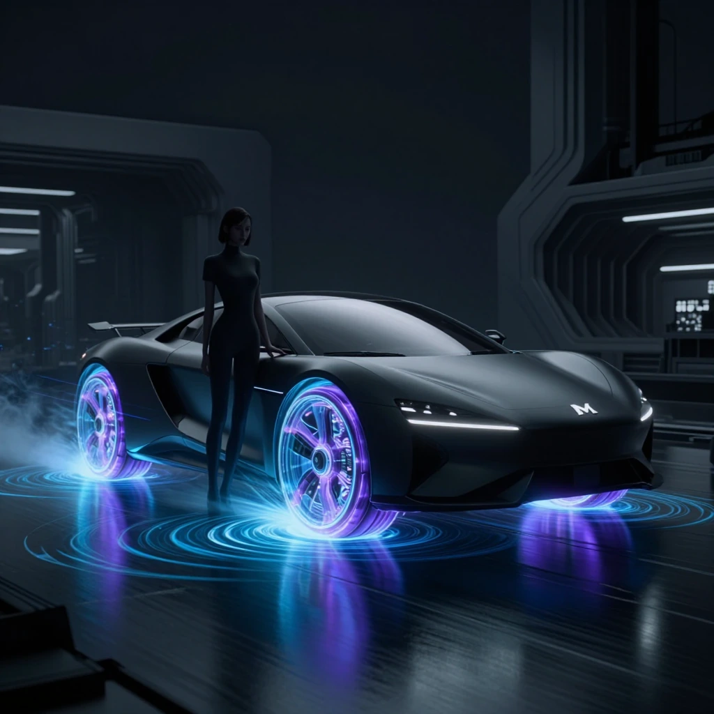 Elegant anime-inspired woman with long legs in sleek futuristic pose, standing beside matte-black hovercar with gleaming M logo, aerodynamic swept des
