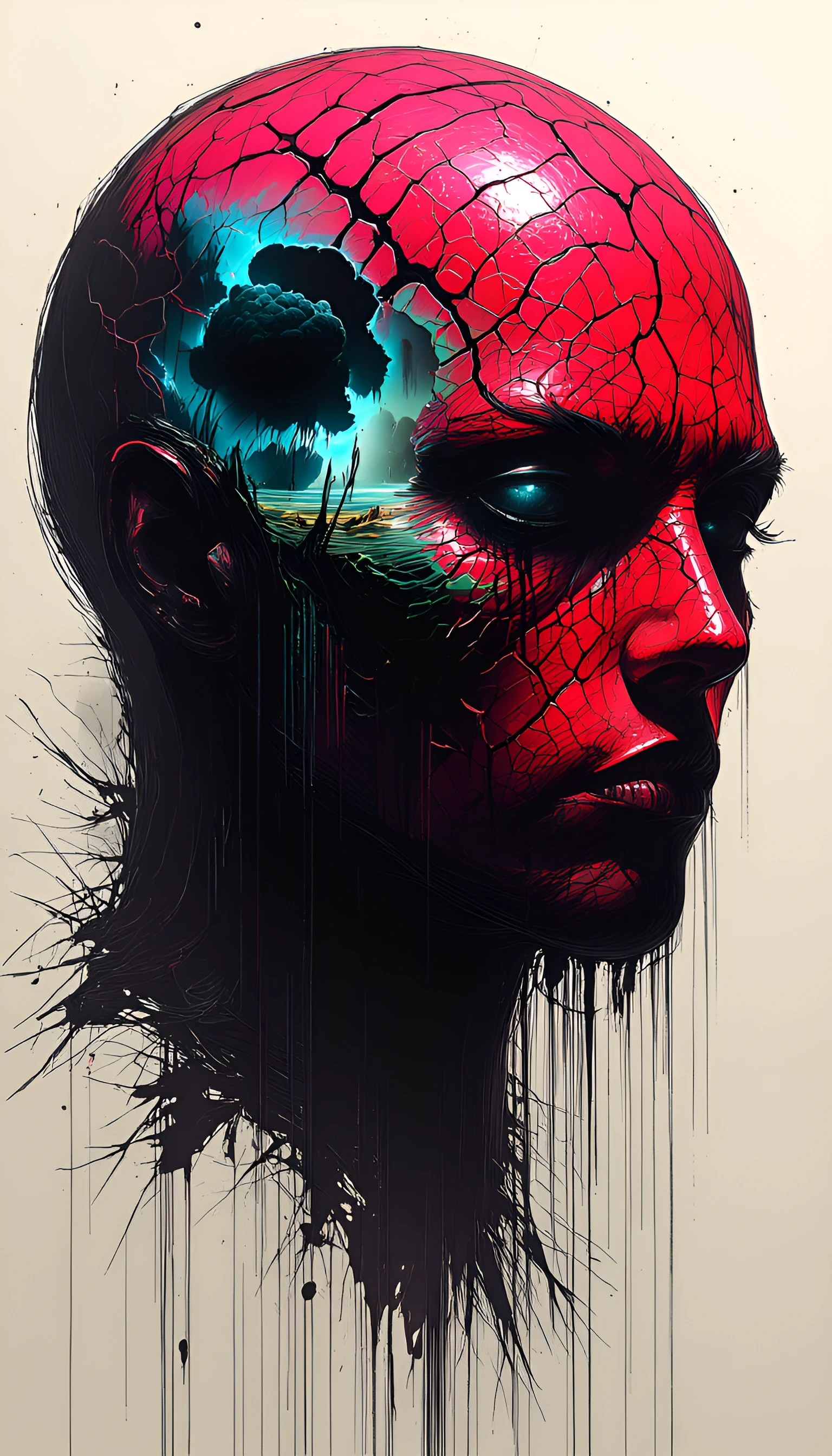 Create a portrait of a subject in **the midst of a rupture**. The physical surface must flake or crack to reveal a hyper-realistic natural biome (storm clouds, abyssal depths or primeval vegetation). > **PALETTE:** Bright crimson red | Void black | N