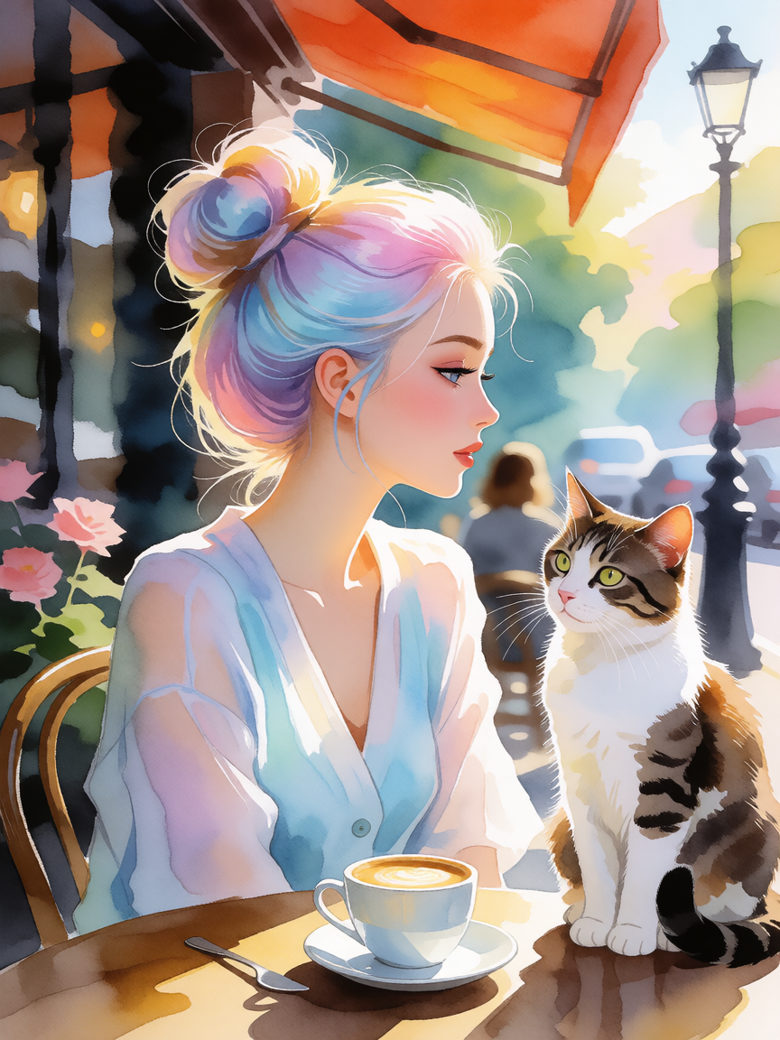 Woman pastel messy bun hair with a cat at a café, beautiful outdoor scene, Messy watercolor strokes
