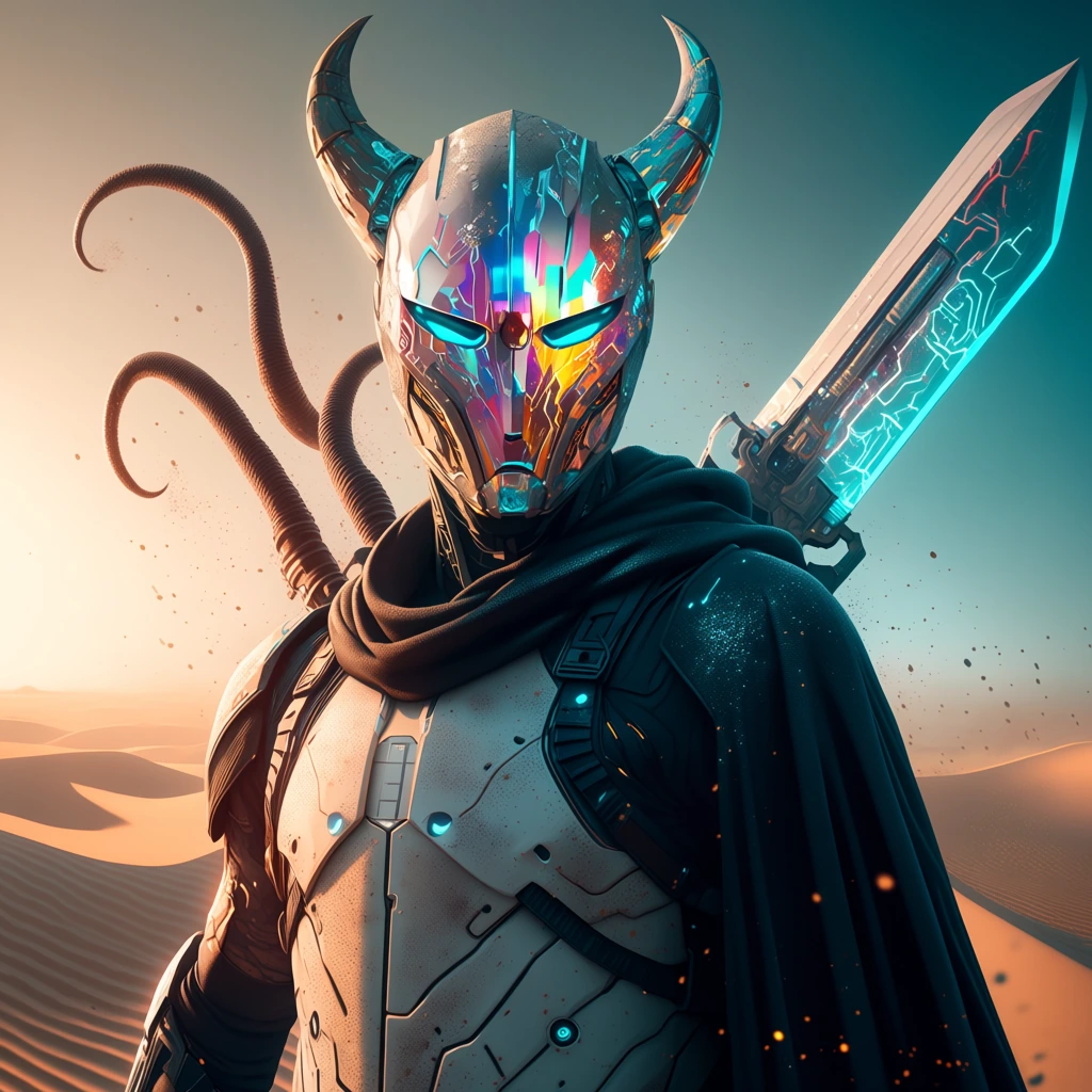 Half-length portrait of single horned humanoid figure with matte white cybernetic armor plates covering shoulders and chest, wearing reflective hologr