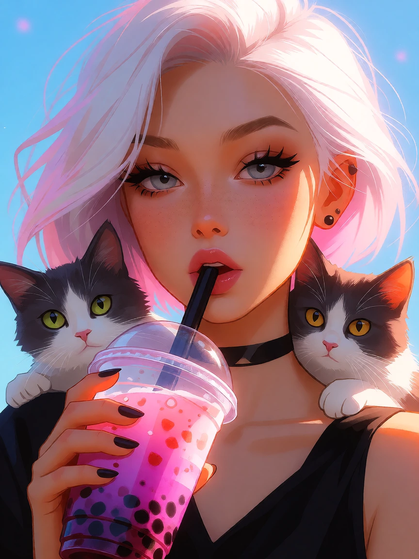 Close-up woman, platinum, pink hair, drinking a really colorful Boba drink. Her cat is peeking over her shoulder.