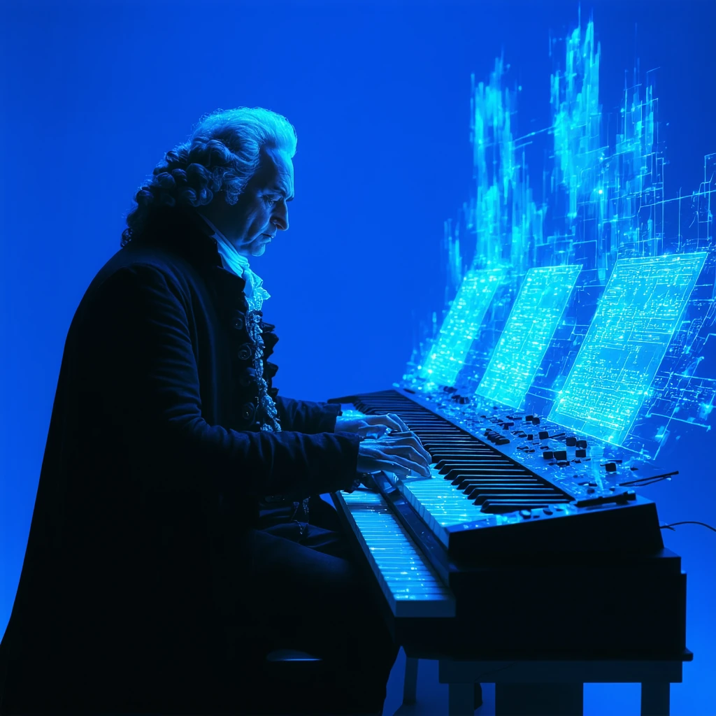 Johann Sebastian Bach seated at a sleek modular synthesizer in a minimalist studio, fingers poised over keys that glow with soft blue light, sheet mus