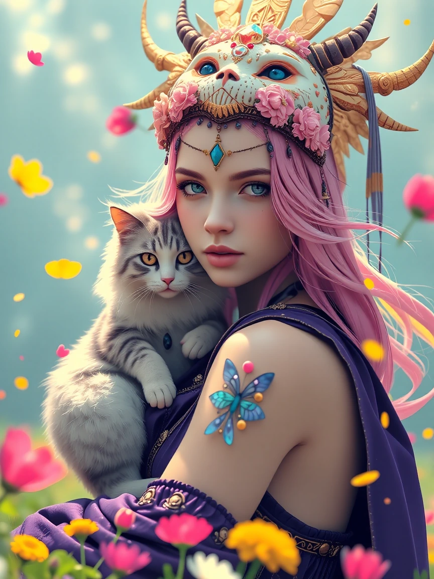 Springtime equinox priestess with a fluffy springtime cat