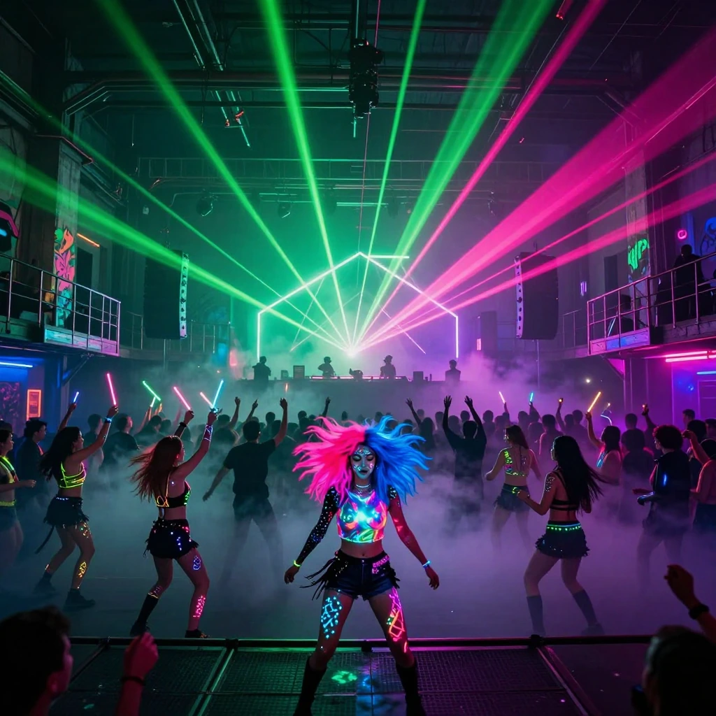 neon-soaked underground rave venue, ethereal girl with luminescent body paint glowing electric cyan and magenta, iridescent holographic crop top catching laser reflections, wild flowing synthetic hair in vibrant neon pink and electric blue, dramatic