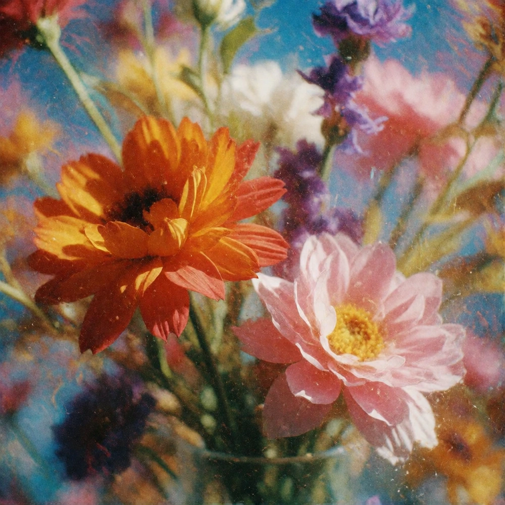 grainy, aesthetic, film camera based short video about flowers with supercut frames for a social media marketing video