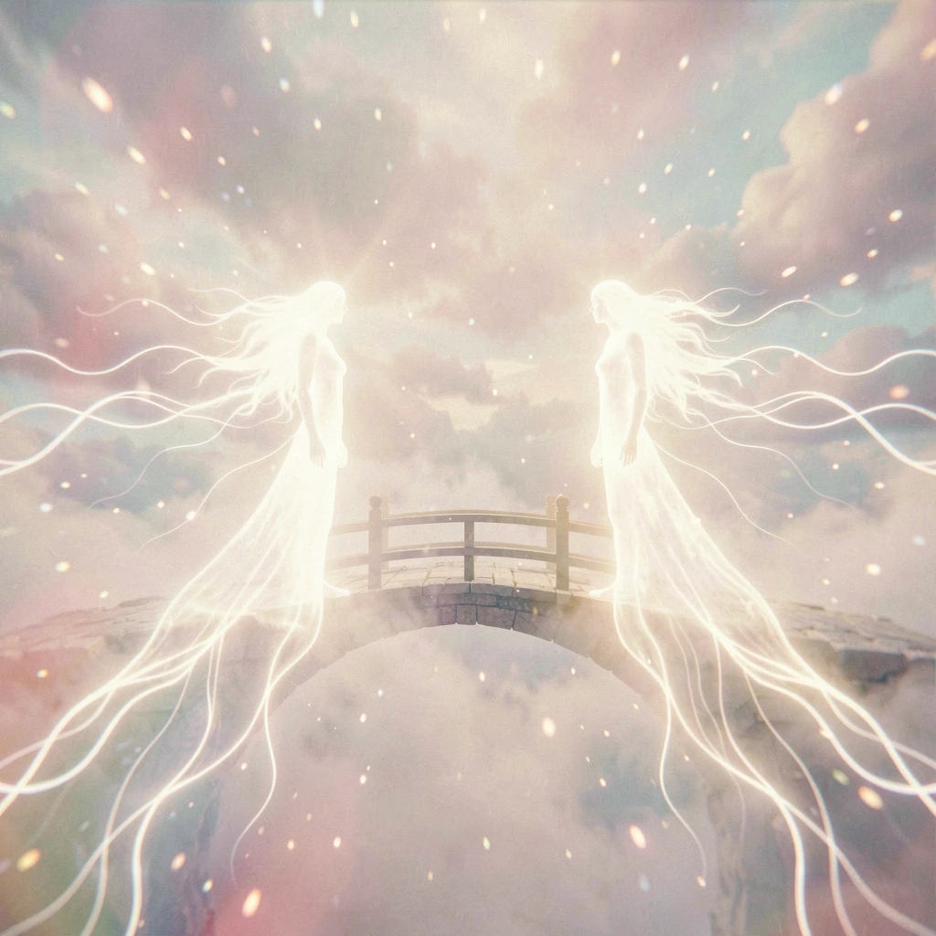 Two luminous figures composed entirely of flowing light energy, their forms radiant and translucent, standing on opposite sides of a misty bridge suspended in space, tendrils of pure light cascading from their silhouettes, atmospheric fog swirling be