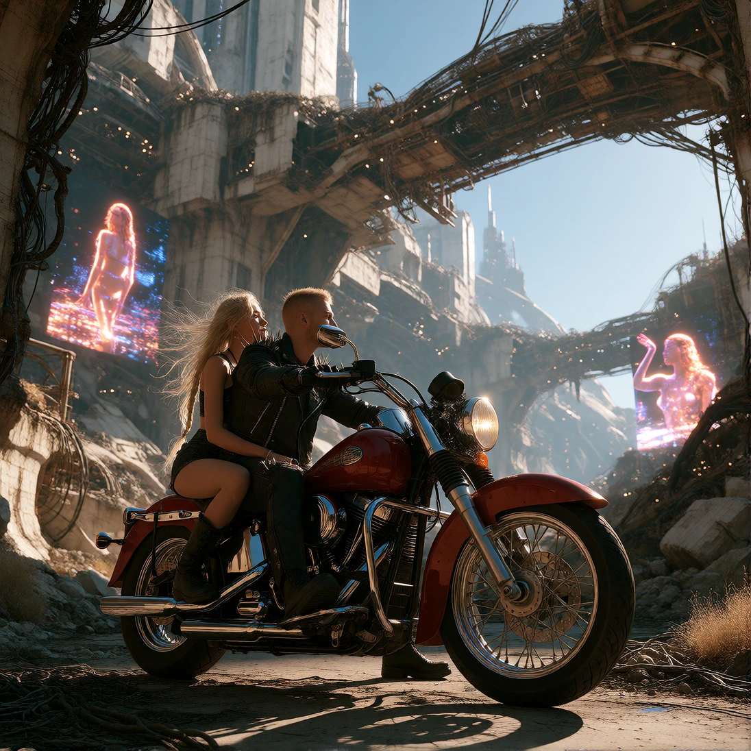 Closeup of An attractive spiked leather clad biker couple on a recently restored classic motorcycle with a Custom Eagle Paint Job threading through towering concrete megastructures, their figures silhouetted against low lying sickly yellow industrial